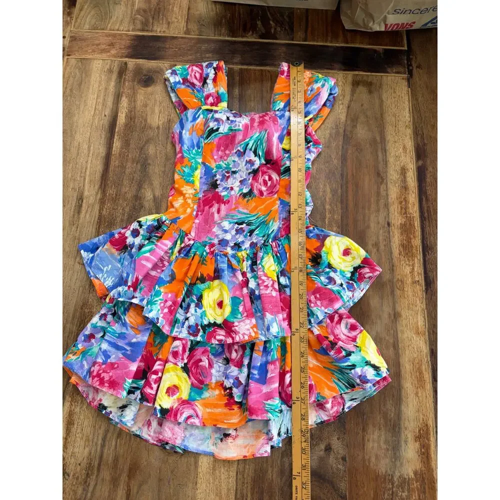 Vintage 80s Amy Too! Ruffle bright Dress Floral Print Multicolor Size 12